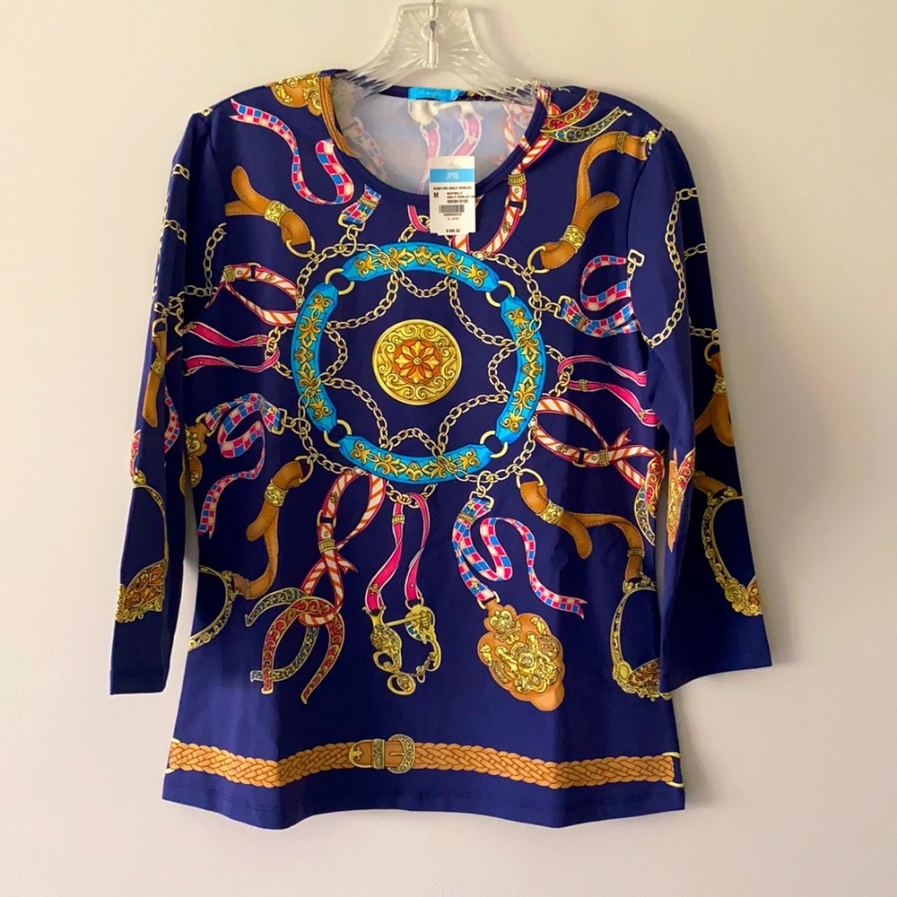 New with tags! J. McLaughlin Signature Tee Navy/Multi Amalfi Heraldic $168